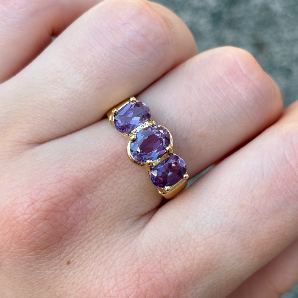 Gold Over Sterling Elegant Three Stone Amethyst Simulant Statement Ring - Picture 5 of 8